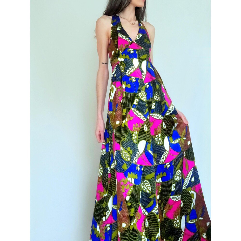 1970s Vintage Hawaiian Halter Maxi Dress, Hukilau Fashion Beach Resort Wear, M